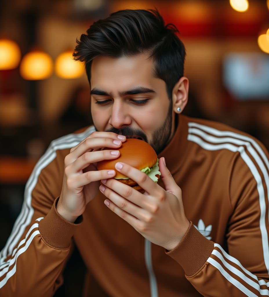  man wearing brown track suit eating a burger