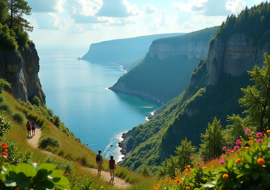  a scenic view of the scarborough bluffs, showcasing the dramatic cliffs overlooking lake ontario, framed by lush greenery and vibrant wildflowers along the hiking trails, with people enjoying outdoor activities and taking in the breathtaking views. hyperrealistic, full body, detailed clothing, highly detailed, cinematic lighting, stunningly beautiful, intricate, sharp focus, f/1. 8, 85mm, (centered image composition), (professionally color graded), ((bright soft diffused light)), volumetric fog, trending on instagram, trending on tumblr, HDR 4K, 8K