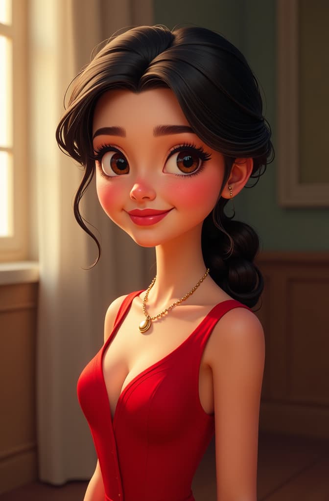  chica joven, elegante, delgada, con vestido rojo, pelo negro, ojos cafés, nariz pequeña, dientes grandes, disney pixar poster, pixar movie style, animated disney cartoon face, disney face, portrait, cute face, round face, cartoon character, disney character, disney animated movies, disney pixar hyperrealistic, full body, detailed clothing, highly detailed, cinematic lighting, stunningly beautiful, intricate, sharp focus, f/1. 8, 85mm, (centered image composition), (professionally color graded), ((bright soft diffused light)), volumetric fog, trending on instagram, trending on tumblr, HDR 4K, 8K