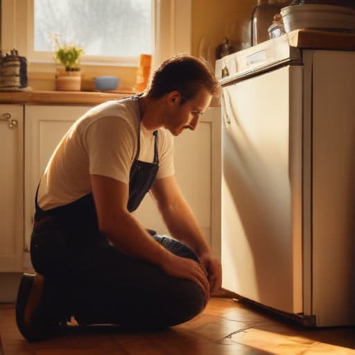 A photo of a skilled technician repairing a vintage refrigerator in a cozy kitchen corner during late afternoon with warm, golden sunlight streaming through a nearby window, casting long shadows and highlighting the intricate inner workings of the appliance.