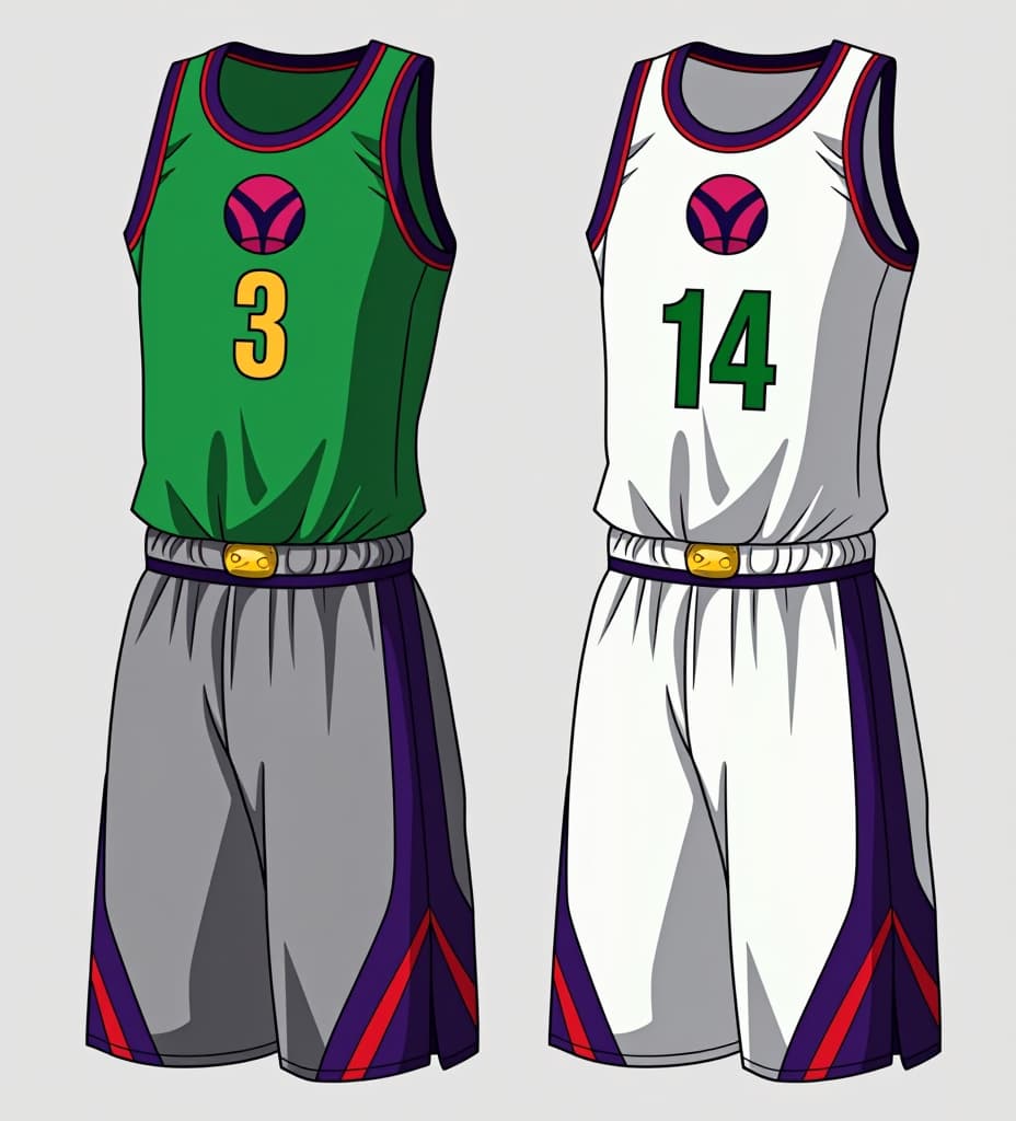  create basketball jerseys inspired by dragon ball characters, i'll design each jersey to reflect the essence and color schemes of iconic characters from the series. here are the concepts: piccolo jersey: primary colors: green with purple and red accents. design: the jersey is primarily green, with purple side panels and red trim around the shoulders and neckline. the team's logo could be a stylized namekian symbol. the player's number is purple with red outlining, placed centrally on the chest. frieza jersey: primary colors: white with purple accents. design: the main color is white, with sleek purple stripes running down the sides and across the shoulders. the team's logo could be frieza’s iconic