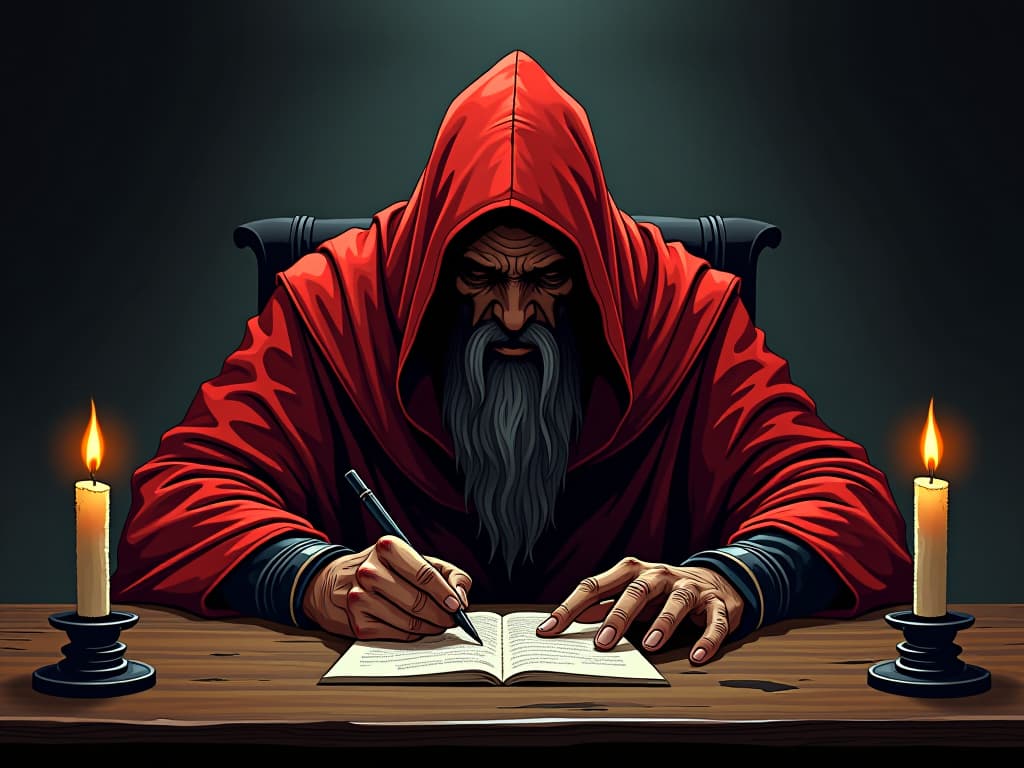  scribe in red robes, feverishly writing at a wooden desk, candles providing dim light, sense of desperation and fervent justification. the style is digital art illustration / modern comic book / graphic dark novel fantasy and mysterious occult, symbolic, moody lighting, esoteric vibe,high detail on character design. for the color scheme emphasize blacks and reds.