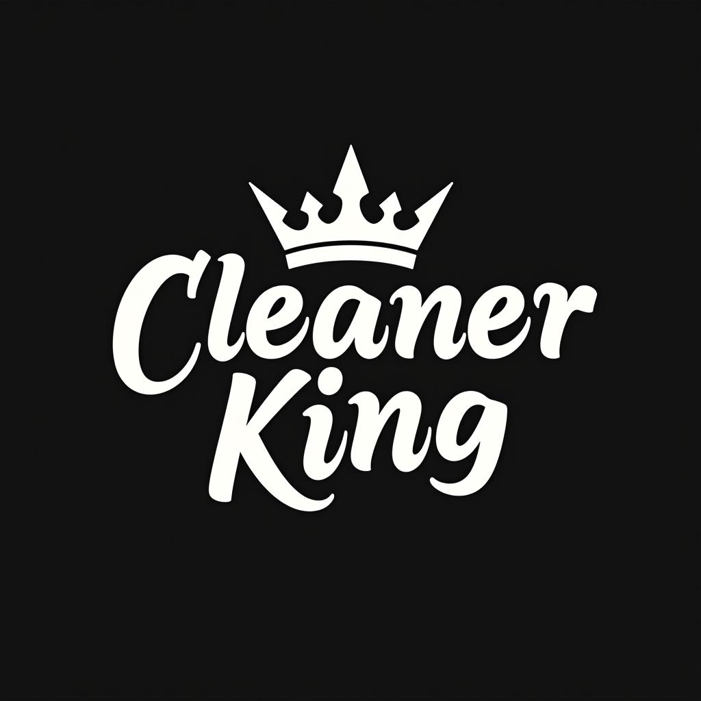  design a logo, « cleaner king » en écriture impact en blanc dans un fond noir avec une couronne blanche posé sur l’écriture.