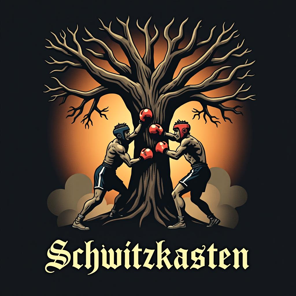  design a logo, in a surrealism style. zwei deutsche boxkämpfer im kampf unter dem eichenbaum, with the text 'schwitzkasten'.