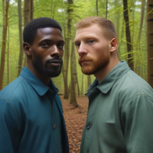Two man’s in the forest. Two friends. First - Black man not from Afrika. Second - white man from Africa in Van Gogh style
