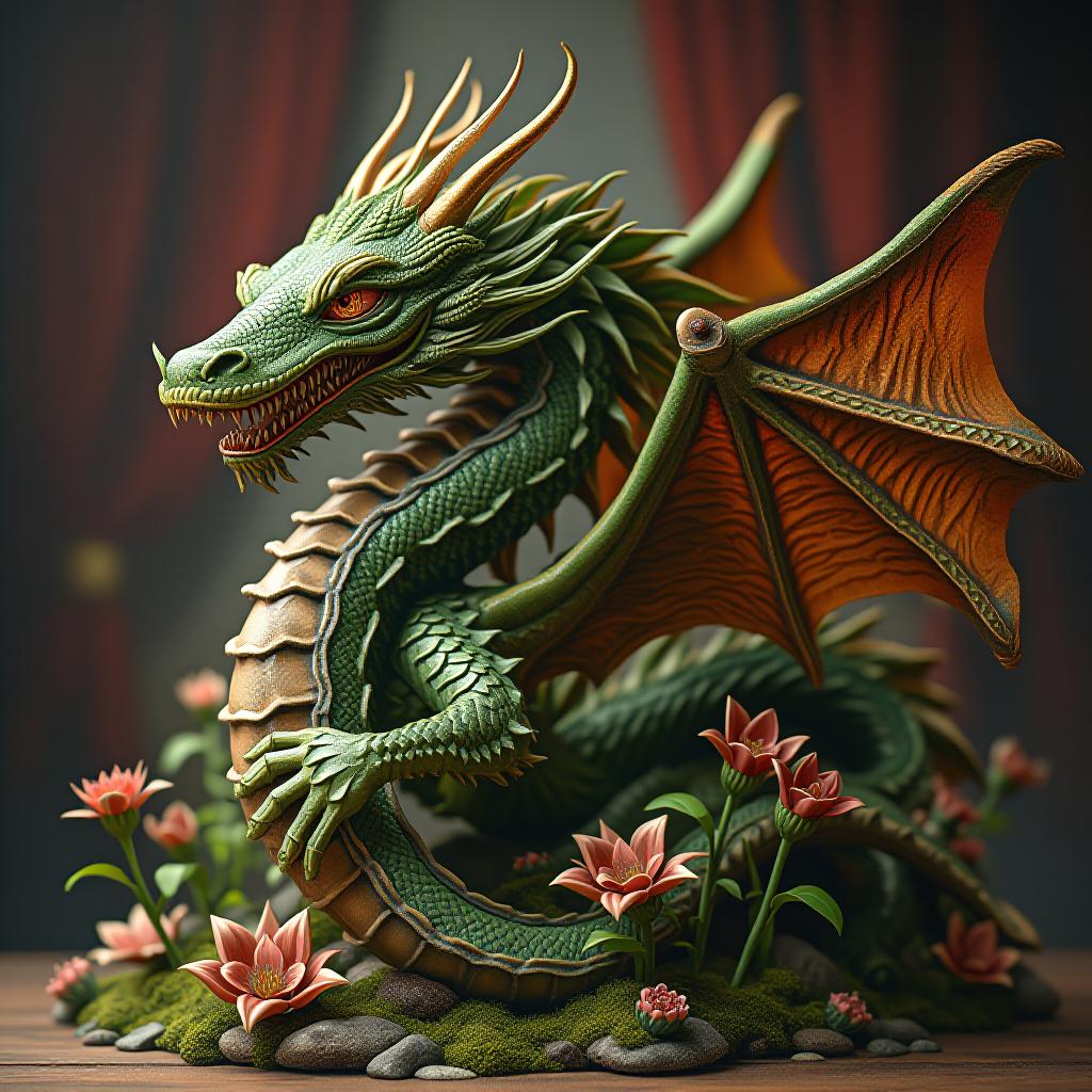  dragon, plant sculpture, green, brown, intricate details, large, vibrant, flowers, horns, dramatic backdrop, curtain, highly detailed photo, sharp details, best quality, 4k, raw photo, award winning, professional, highly detailed, masterpiece