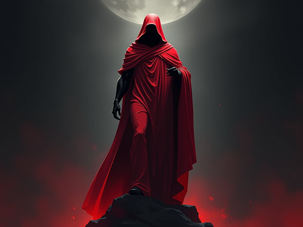  statue of a resolute figure in red, strong pose, gentle light, mood of strength and integrity reflected. the style is digital art illustration / modern comic book / graphic dark novel fantasy and mysterious occult, symbolic, moody lighting, esoteric vibe,high detail on character design. for the color scheme emphasize blacks and reds.