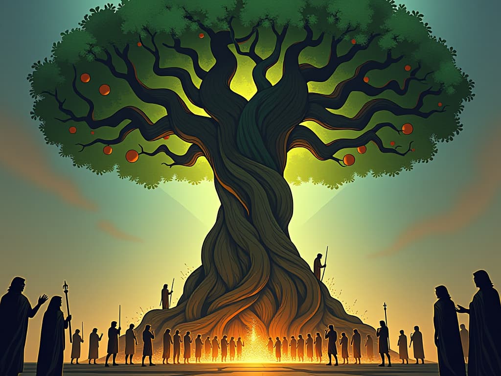  a statuesque sacred tree, with twisted, magical roots, crowned with lush leaves and ripe fruits, emanating an aura of growth and fertility, surrounded by worshippers in ancient garb offering tributes. the style is digital art illustration / modern comic book / mysterious occult, symbolic, esoteric vibe,high detail on character design, incorporating ancient egyptian symbology and attire.