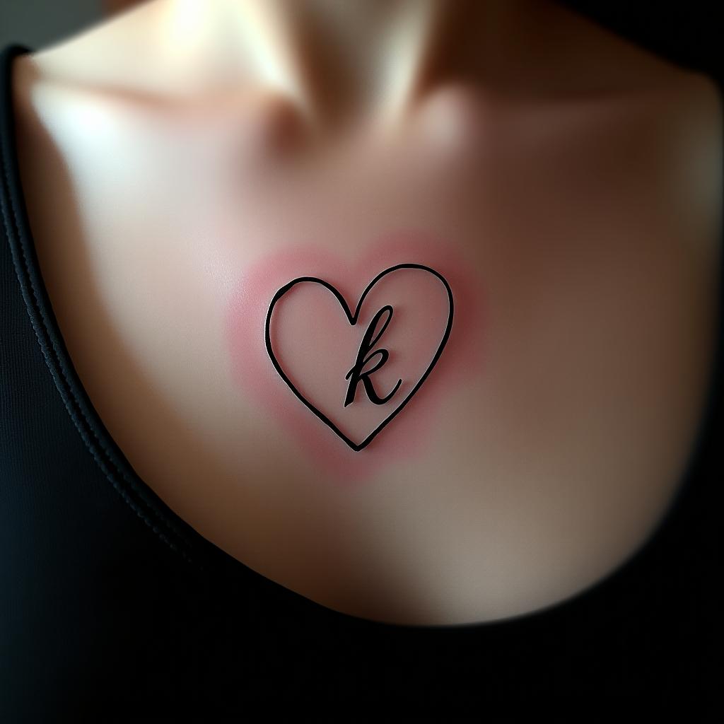  design a minimalist tattoo featuring the letter 'k' and a disproportionate heart. use thin, elegant lines with a 30% increase in visibility. the letter 'k' should be integrated into the heart's shape in a flowing, cursive style, symbolizing a personal and romantic connection. the design should be discreet but distinct, meant to be noticed by someone who knows its intimate meaning. añade al diseño 3 números, 05, 07 y 24 hyperrealistic, full body, detailed clothing, highly detailed, cinematic lighting, stunningly beautiful, intricate, sharp focus, f/1. 8, 85mm, (centered image composition), (professionally color graded), ((bright soft diffused light)), volumetric fog, trending on instagram, trending on tumblr, HDR 4K, 8K