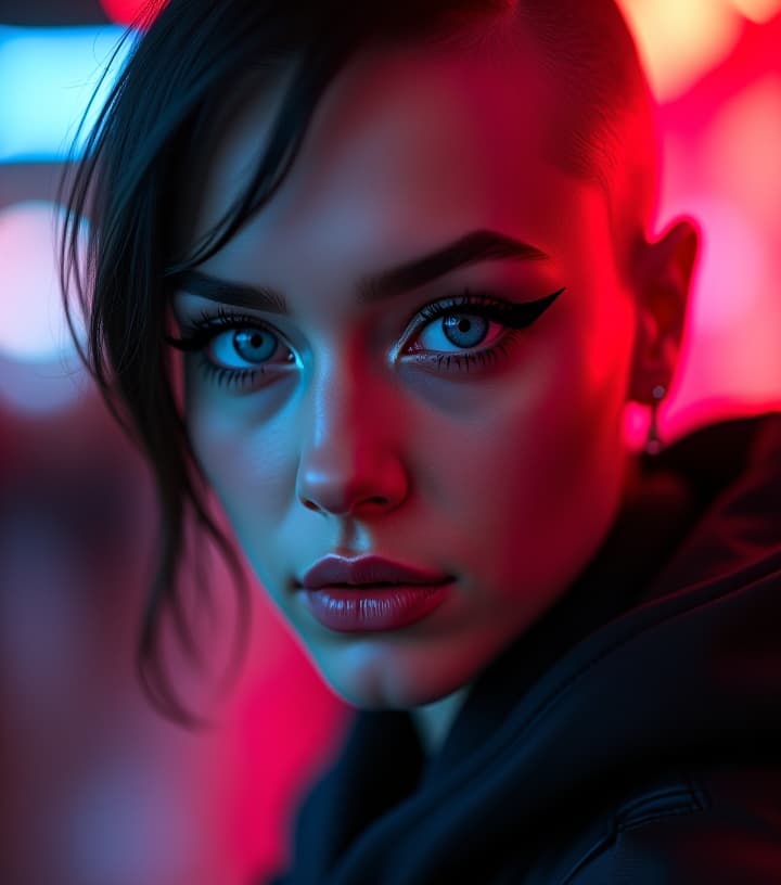  ultra realistic close up portrait ((beautiful pale cyberpunk female with heavy black eyeliner)), blue eyes, shaved side haircut, hyper detail, cinematic lighting, magic neon, dark red city, canon eos r3, nikon, f/1.4, iso 200, 1/160s, 8k, raw, unedited, symmetrical balance, in frame, 8k hyperrealistic, full body, detailed clothing, highly detailed, cinematic lighting, stunningly beautiful, intricate, sharp focus, f/1. 8, 85mm, (centered image composition), (professionally color graded), ((bright soft diffused light)), volumetric fog, trending on instagram, trending on tumblr, HDR 4K, 8K