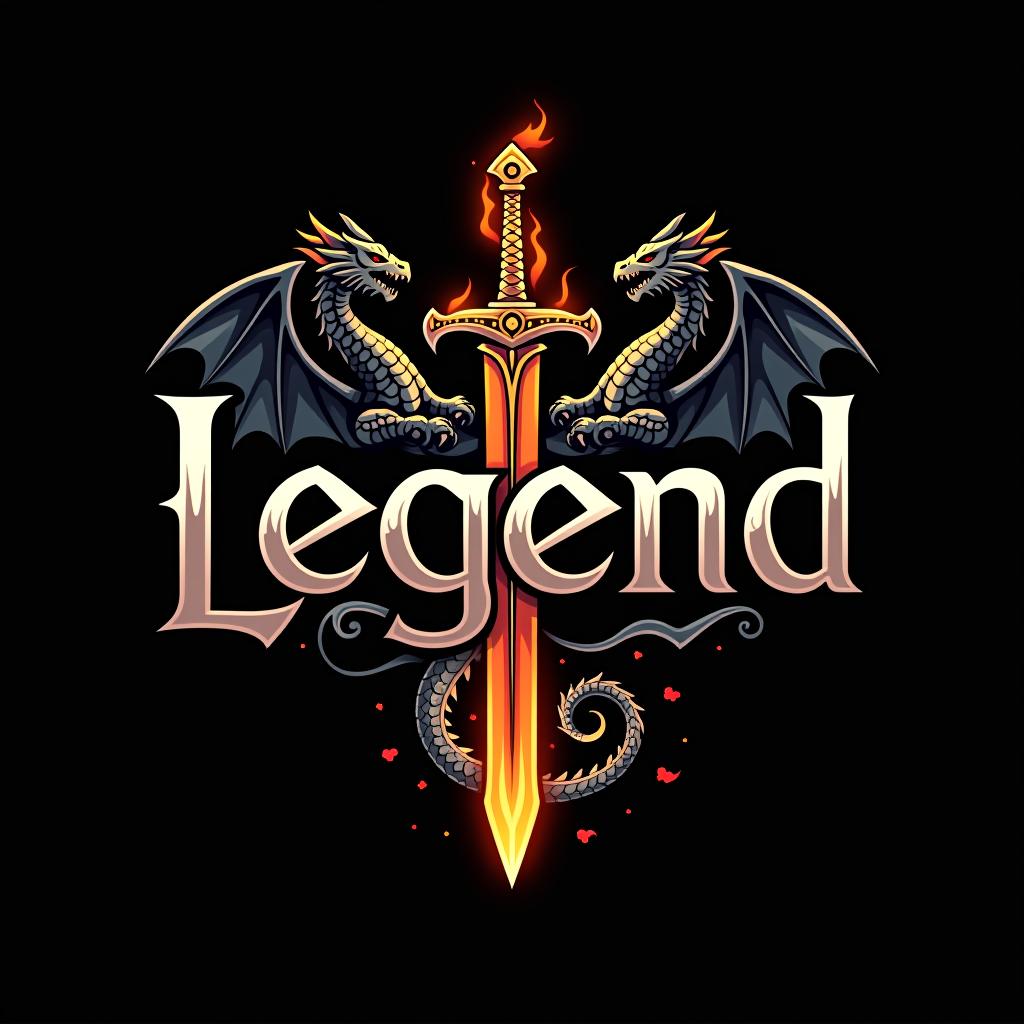  design a logo, custom sticker design on an isolated black background with the words ‘legend’ in bold font decorated by mythical dragons and a flaming sword