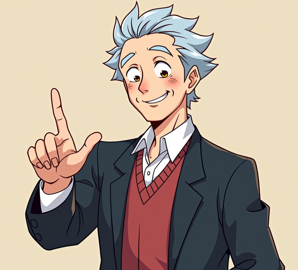  anime, anime sytle, anime image, cartoon, real cartoon, real anime, genius professor happy