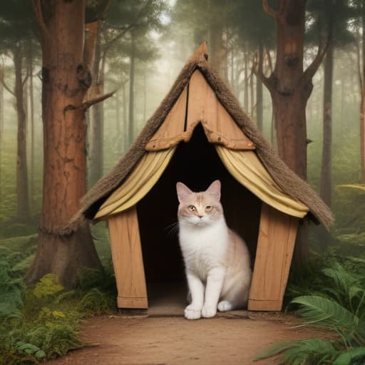 Cat in a hut in Surrealist style with Forests background