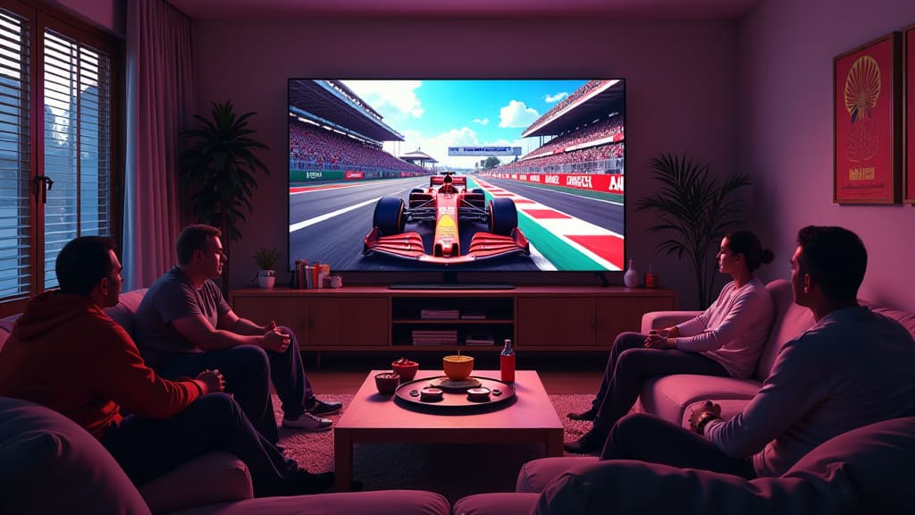  prompt: create an ultra realistic and detailed image showcasing a vibrant and dynamic scene of a packed living room in germany during the azerbaijan grand prix 2024. the room is filled with diverse individuals of all ages and backgrounds, fully engaged in watching the race on a large tv screen displaying the rtl logo prominently. capture the fluctuating emotions of the viewers as they react to the intense moments of the grand prix. include elements like snacks, drinks, and formula 1 memorabilia