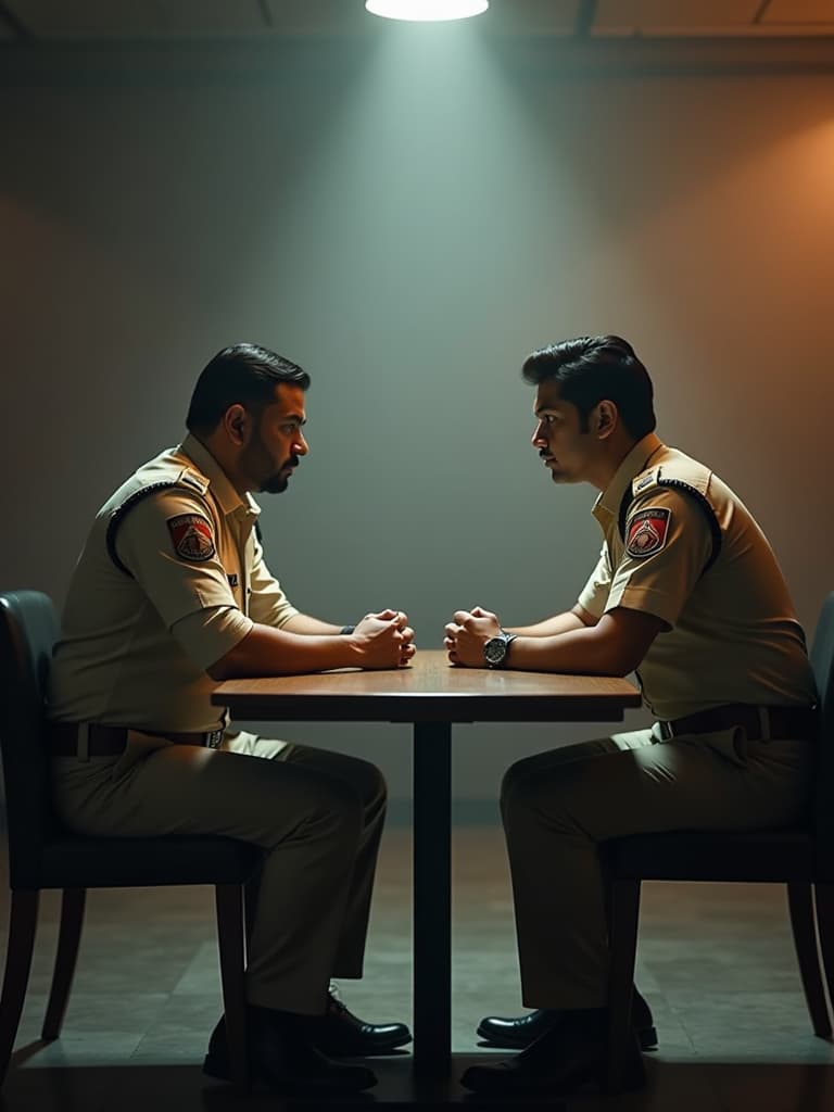  indian police officers investigating two young indians.they both are sitting opposite in the middle. their is a table. create youtube thumbnile size image hyperrealistic, full body, detailed clothing, highly detailed, cinematic lighting, stunningly beautiful, intricate, sharp focus, f/1. 8, 85mm, (centered image composition), (professionally color graded), ((bright soft diffused light)), volumetric fog, trending on instagram, trending on tumblr, HDR 4K, 8K