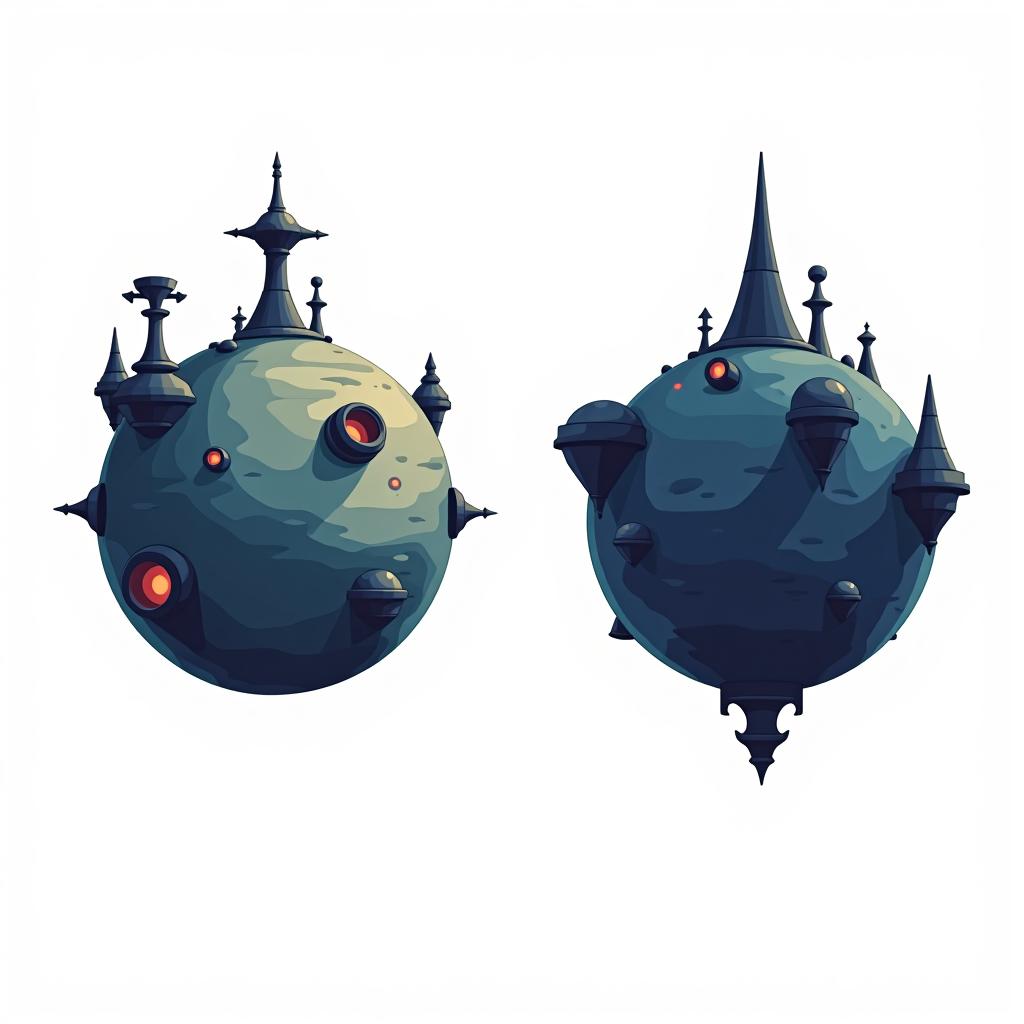  white background. left side: a simple vector graphic showing a hyper realistic alien planet's front view with mysterious structures and bioluminescent patches. right side: back view of the same planet, maintaining high detail and consistency. both views should depict the same materials and feature fantasy elements like glowing areas and unique architectural forms. cartoon and disney style.