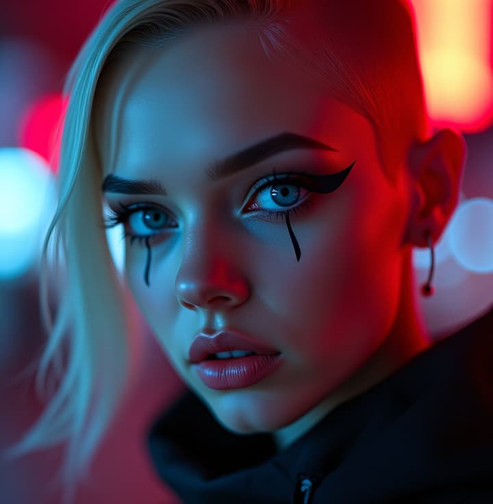  ultra realistic close up portrait ((beautiful pale cyberpunk female with heavy black eyeliner)), blue eyes, shaved side haircut, hyper detail, cinematic lighting, magic neon, dark red city, canon eos r3, nikon, f/1.4, iso 200, 1/160s, 8k, raw, unedited, symmetrical balance, in frame, 8k hyperrealistic, full body, detailed clothing, highly detailed, cinematic lighting, stunningly beautiful, intricate, sharp focus, f/1. 8, 85mm, (centered image composition), (professionally color graded), ((bright soft diffused light)), volumetric fog, trending on instagram, trending on tumblr, HDR 4K, 8K