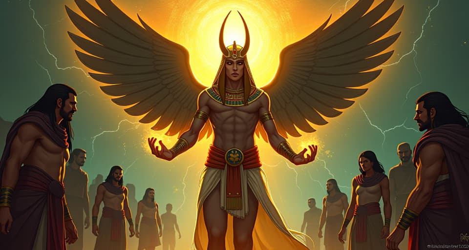  figure surrounded by a powerful aura of resilience, glowing with indestructible strength, onlookers with expressions of envy and anger, mystical atmosphere.. the style is digital art illustration / modern comic book / mysterious occult, symbolic, esoteric vibe,high detail on character design, incorporating ancient egyptian symbology and attire.