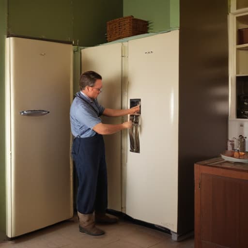 A photo of a skilled technician repairing a vintage refrigerator in a retro-style kitchen during the early evening with warm, soft lighting casting long shadows across the room.