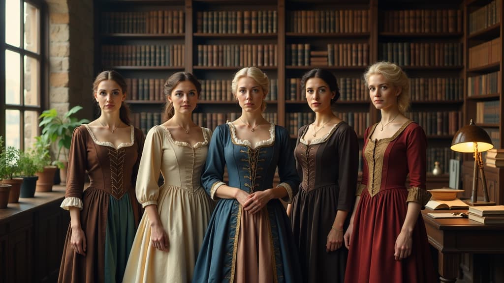  women in historical costumes depicting prominent women from different eras stand against the backdrop of an ancient library and a scientist's office, surrounded by books and scientific instruments ar 16:9 {prompt}, maximum details