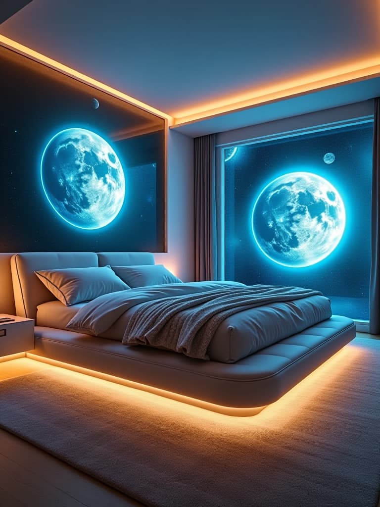  high quality portrait photo of a futuristic bedroom with holographic planet projections, featuring a sleek antigravity bed and smart glass windows that can display different space scenes hyperrealistic, full body, detailed clothing, highly detailed, cinematic lighting, stunningly beautiful, intricate, sharp focus, f/1. 8, 85mm, (centered image composition), (professionally color graded), ((bright soft diffused light)), volumetric fog, trending on instagram, trending on tumblr, HDR 4K, 8K