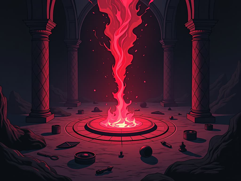  scattered mystical items, red artifacts, chaotic energy, corruption of sacred space. the style is digital art illustration / modern comic book / graphic dark novel fantasy and mysterious occult, symbolic, moody lighting, esoteric vibe,high detail on character design. for the color scheme emphasize blacks and reds.