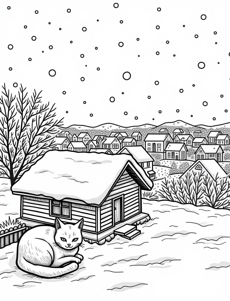  this is for an adult coloring page. a detailed black and white line art of a snowy snowy rooftop with a cat curled up in a warm spot on a solid white background.