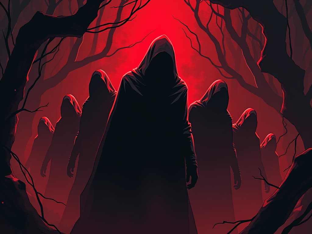  shadowy figures, emitting silent screams, entangled in dark webs of conflict. the style is digital art illustration / modern comic book / graphic dark novel fantasy and mysterious occult, symbolic, moody lighting, esoteric vibe,high detail on character design. for the color scheme emphasize blacks and reds.