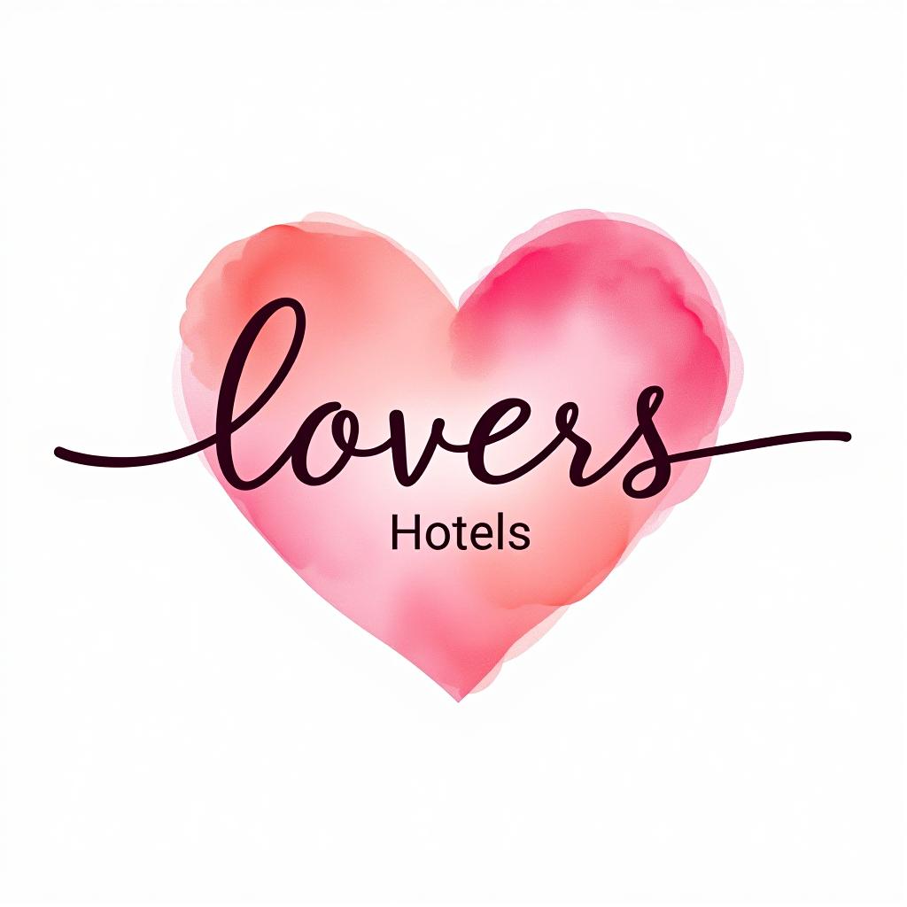  design a logo, watercolor style, logo of a heart, pink gradient colors, white background, with the text 'lovers hotels'.