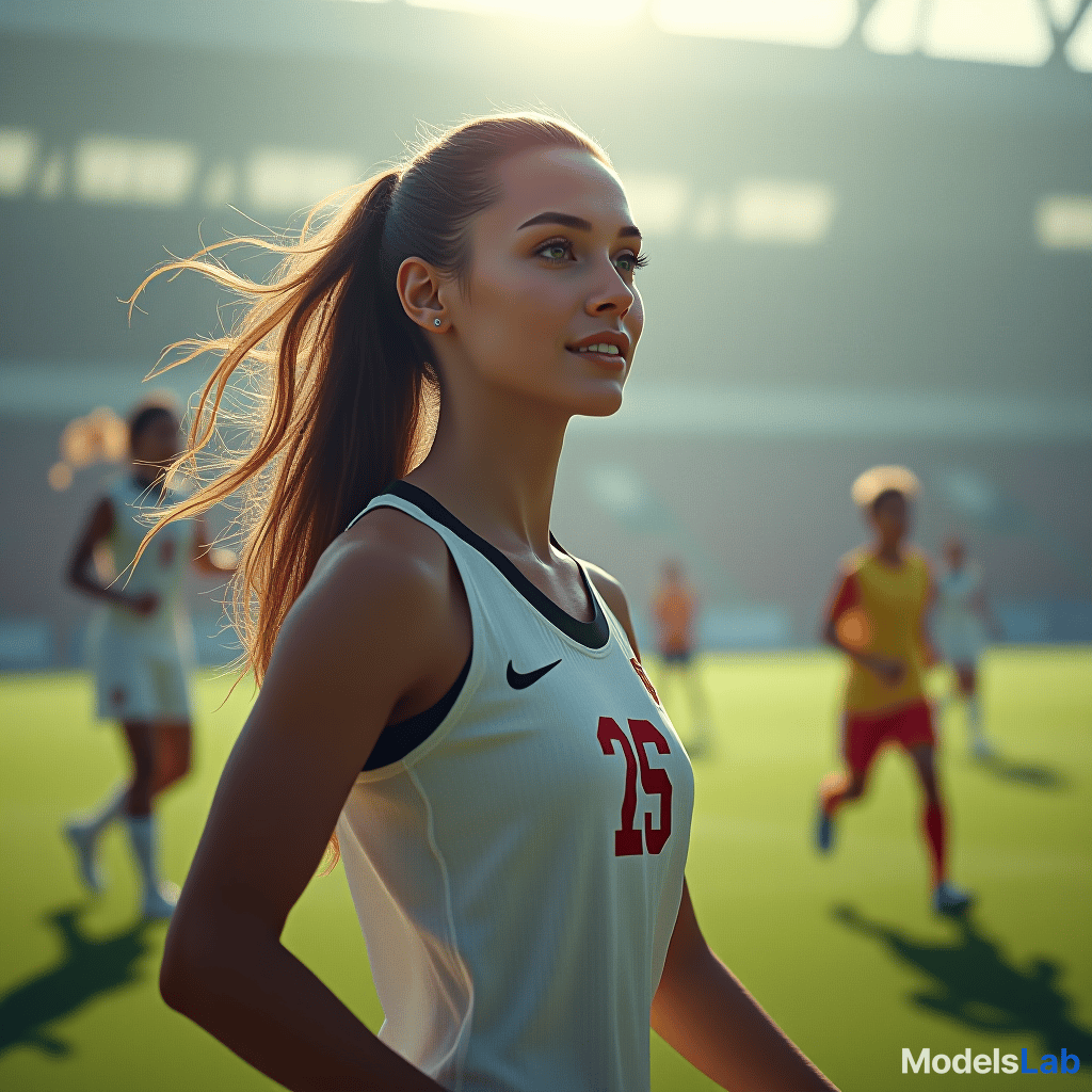  create a picture of a <sports game>, in the center is a beautiful, young, athletic <woman> of <european> descent. in the background you can see other <people> of different genders and origins in a <pitch>. hyperrealistic, full body, detailed clothing, highly detailed, cinematic lighting, stunningly beautiful, intricate, sharp focus, f/1. 8, 85mm, (centered image composition), (professionally color graded), ((bright soft diffused light)), volumetric fog, trending on instagram, trending on tumblr, HDR 4K, 8K