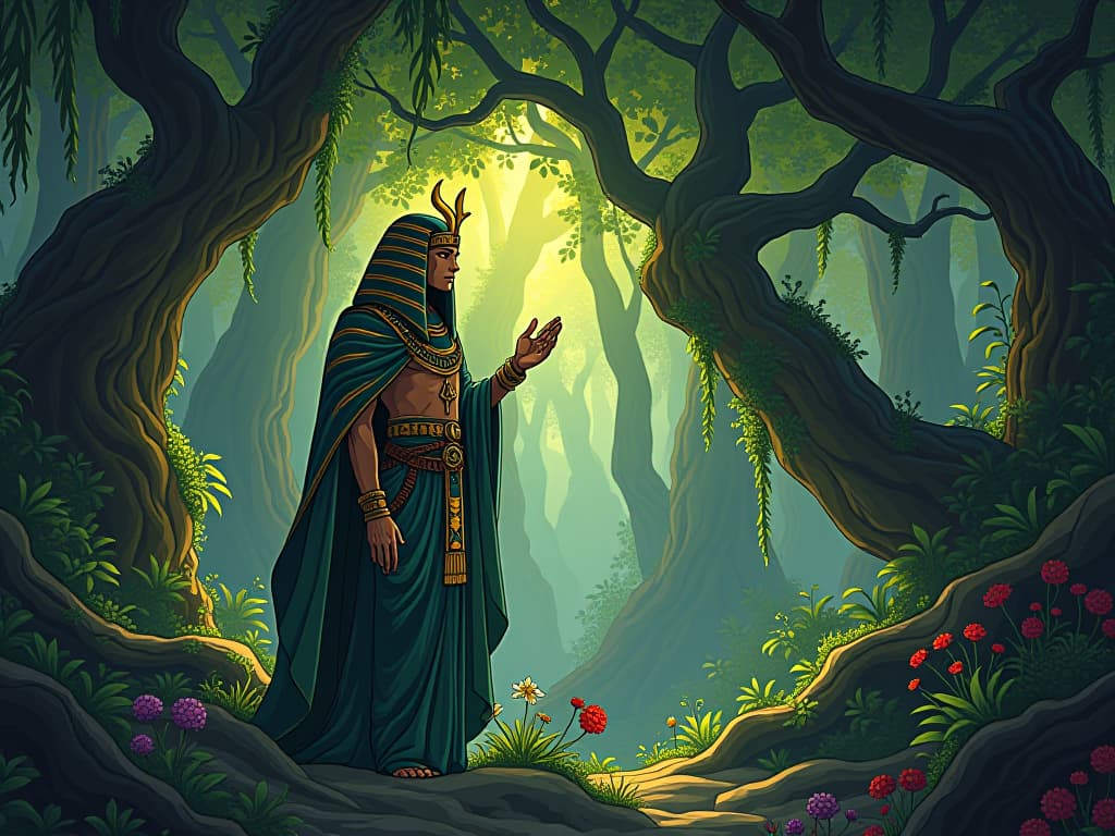  a close up of trees and plants, each element teeming with life, as if whispering messages and guidance. the style is digital art illustration / modern comic book / mysterious occult, symbolic, esoteric vibe,high detail on character design, incorporating ancient egyptian symbology and attire.