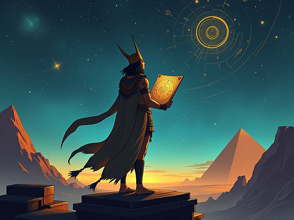  ancient stargazer with a celestial map, standing on a temple roof, aligning stars, tranquil and guided by visualization. the style is digital art illustration / modern comic book / mysterious occult, symbolic, esoteric vibe,high detail on character design, incorporating ancient egyptian symbology and attire.