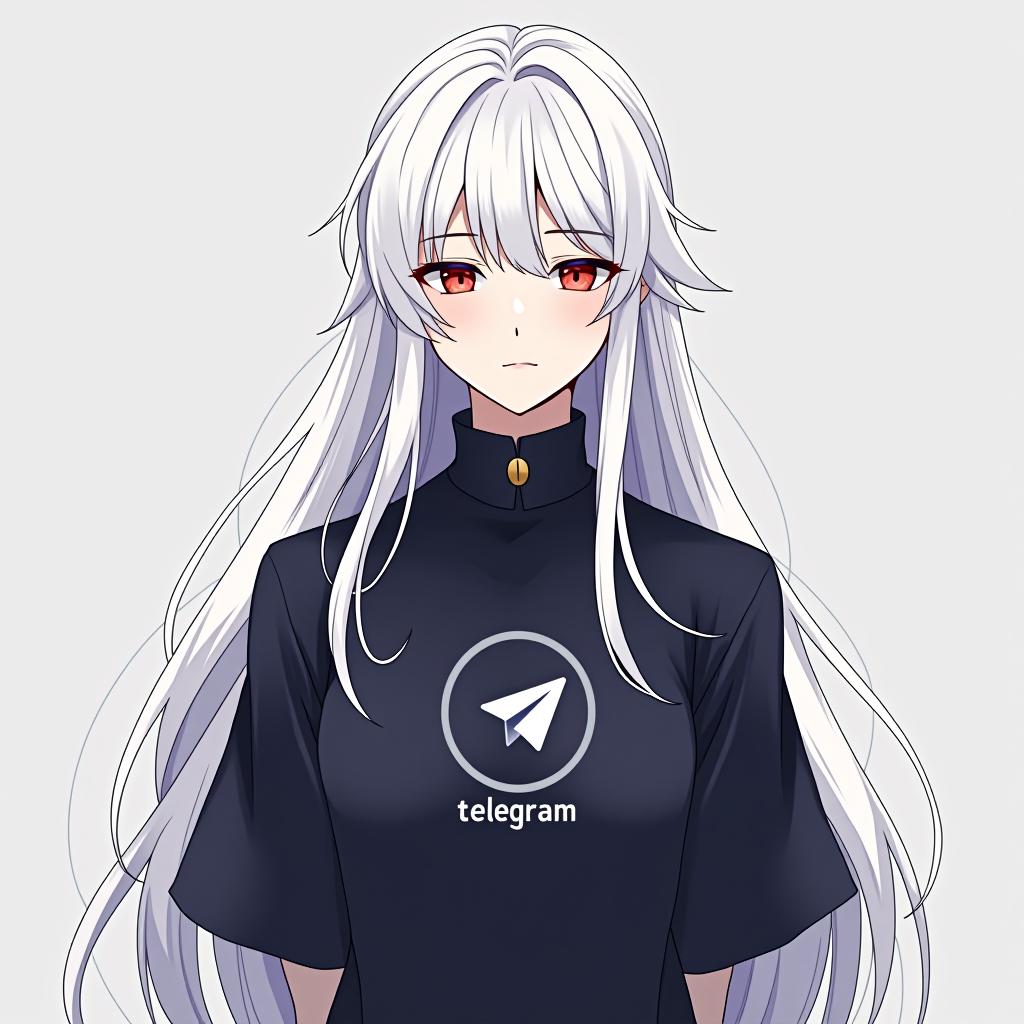  create an image of a character inspired by emilia from re:zero, featuring long white hair and an elegant appearance. the character should be wearing a shirt with the telegram logo, embodying peace and serenity. the design should be background, and include the name 'emilia' in a logo font