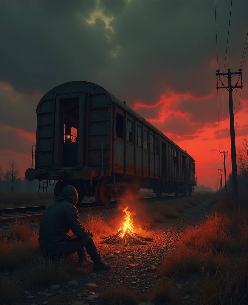  macabre style post apocalypse. warm tones. oil painting. stalkers sitting near campfire near ruined railway, remains of waggon, tonnel, powerlines, rust, night. sovietwave. rusty warm red tones. 4k. realistic. detailed texture. high quality. zdislaw beksinski chris moore john berkey style. fine oil art. grunge style. surrealism, fantasy, abstract. oblivion dark ambient immersive horror atmosphere. hyperdetalization. . dark, gothic, grim, haunting, highly detailed