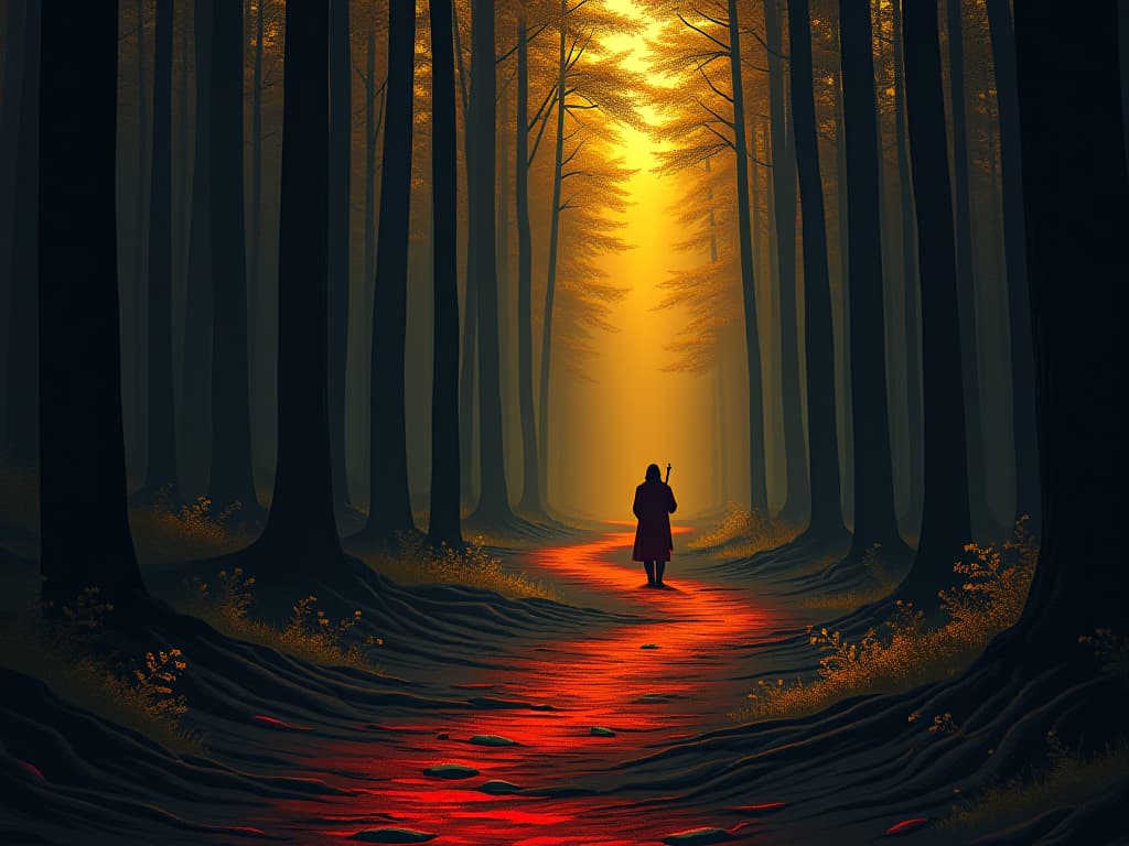  golden path through a dark forest, figure in red at the trailhead, mood of dedication and reward, aura of pursuing dreams with integrity. the style is digital art illustration / modern comic book / graphic dark novel fantasy and mysterious occult, symbolic, moody lighting, esoteric vibe,high detail on character design. for the color scheme emphasize blacks and reds.