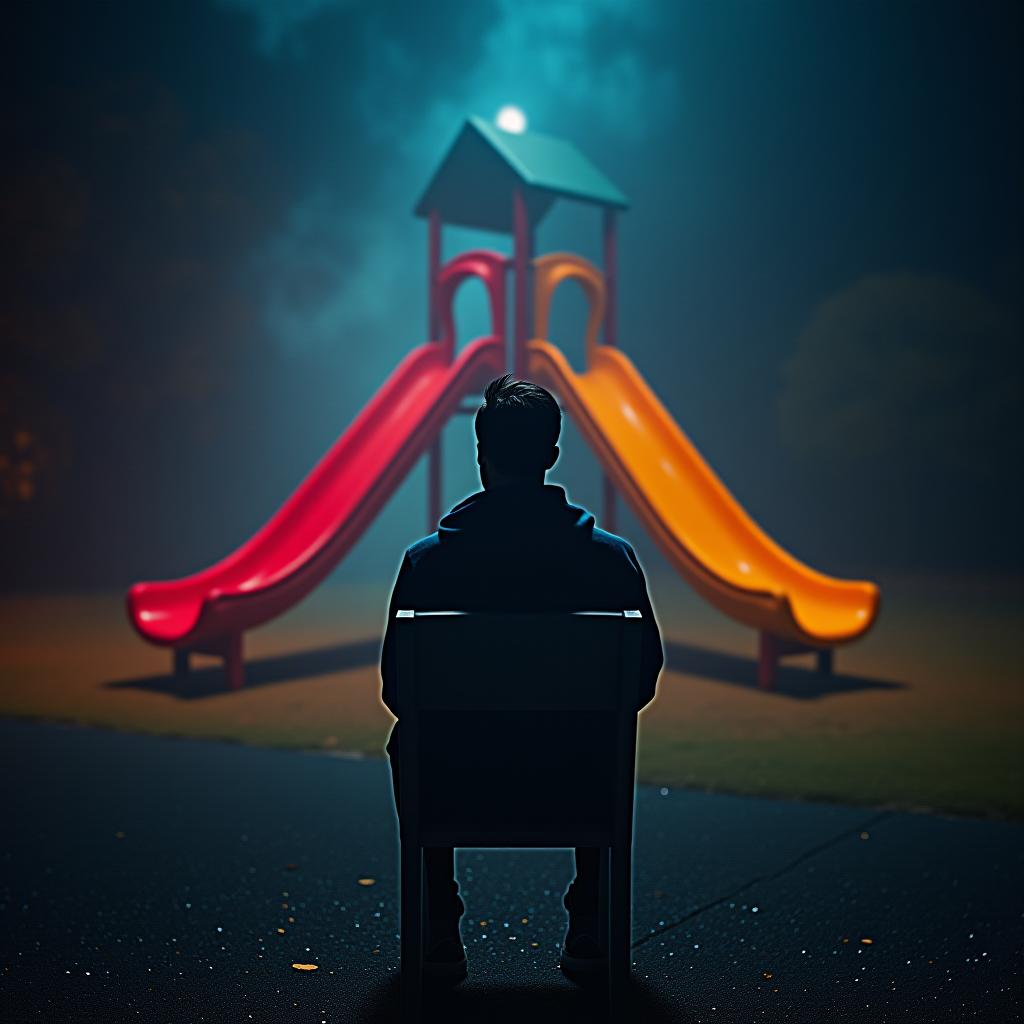  liminal space, no humans, chair, still life, a playground with a slide and a slide at night hyperrealistic, full body, detailed clothing, highly detailed, cinematic lighting, stunningly beautiful, intricate, sharp focus, f/1. 8, 85mm, (centered image composition), (professionally color graded), ((bright soft diffused light)), volumetric fog, trending on instagram, trending on tumblr, HDR 4K, 8K