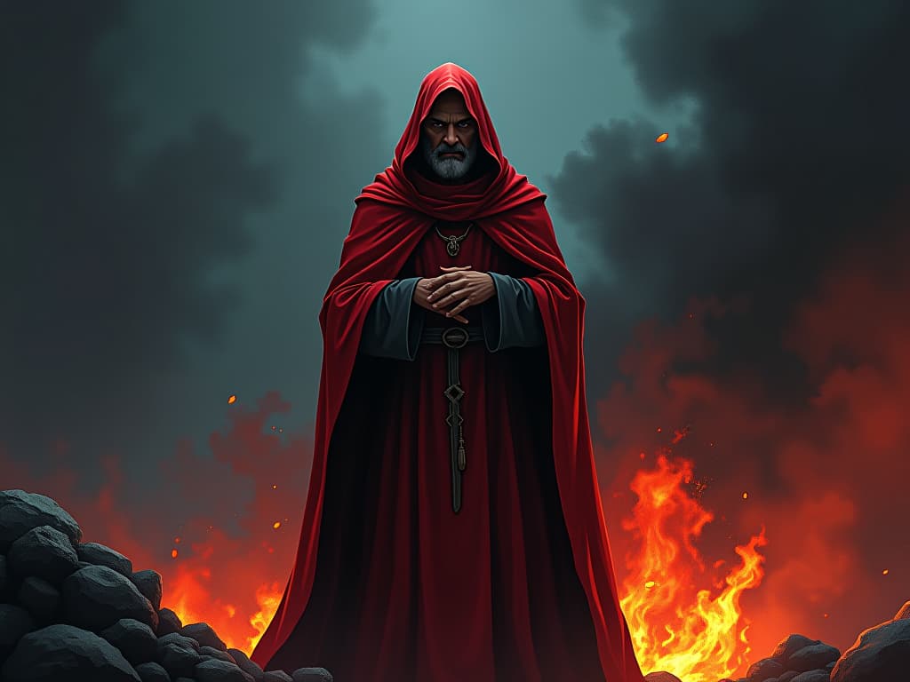  figure of peter in red robes, standing by a fire, expression of denial, sense of historic betrayal. the style is digital art illustration / modern comic book / graphic dark novel fantasy and mysterious occult, symbolic, moody lighting, esoteric vibe,high detail on character design. for the color scheme emphasize blacks and reds.