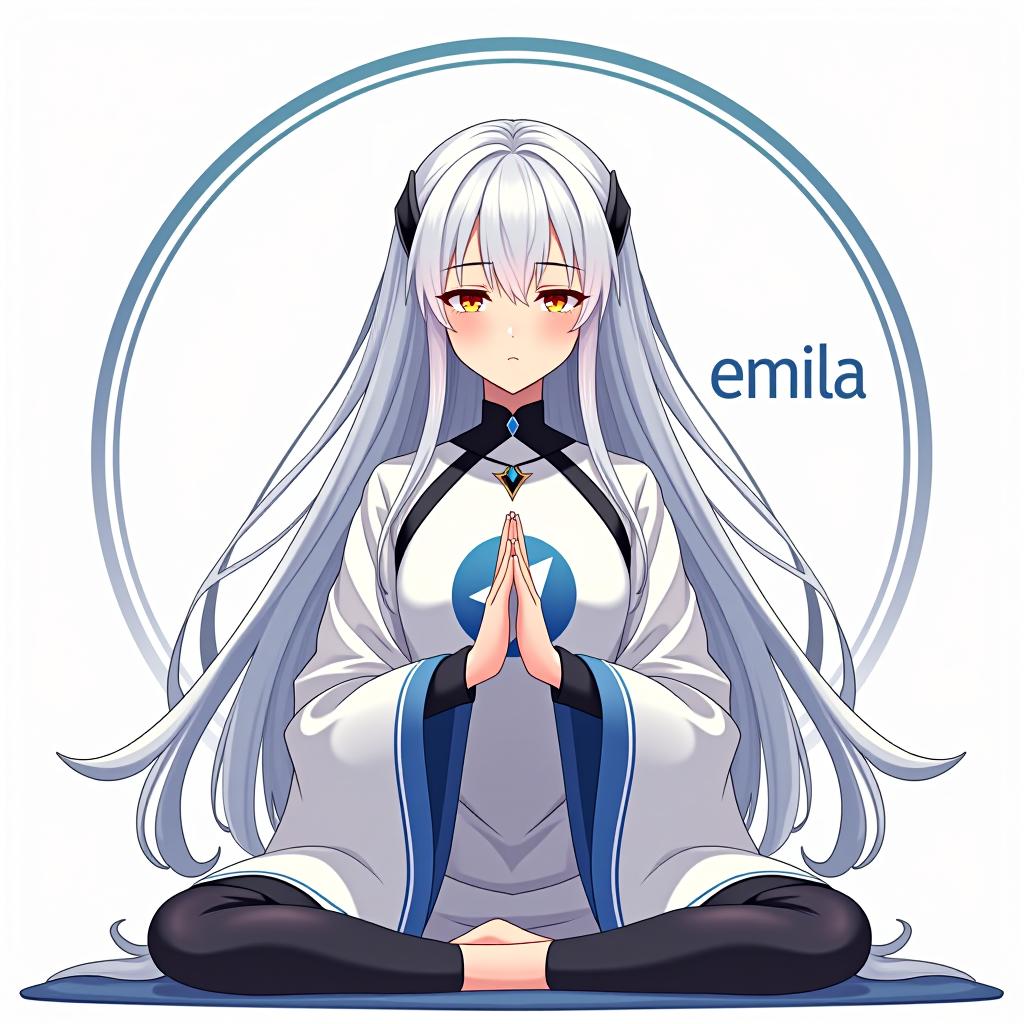  generate an ai image of a character inspired by emilia from re:zero starting life in another world the frozen bond. the character should have long white hair, an elegant and graceful look, and be wearing a shirt featuring the telegram logo. she should be depicted in a traditional indian namaste pose, radiating serenity and peace. keep the background minimalistic, and include the text 'emilia' in a stylish font near the character.