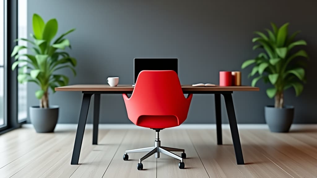  red office chair placed in front of the table with laptop. modern workspace or workplace interior design where employees are coming to their job, indoors remote internet connection corporate work