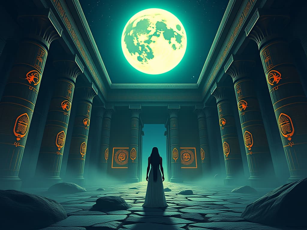  an ancient temple submerged in moonlight, mystical symbols glowing on the walls, symbolizing the full moon's powerful invitation to transform. the style is digital art illustration / modern comic book / mysterious occult, symbolic, esoteric vibe,high detail on character design, incorporating ancient egyptian symbology and attire.