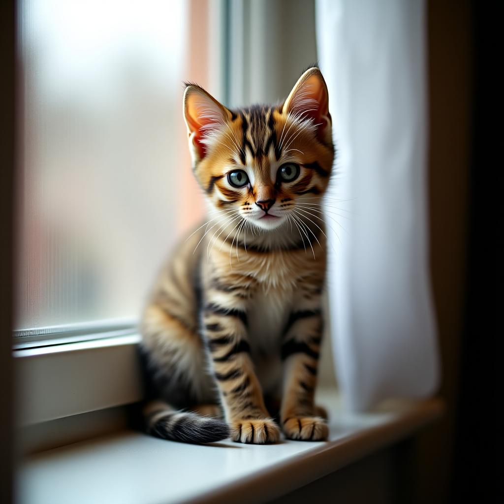  a little kitten is sitting on the windowsill.