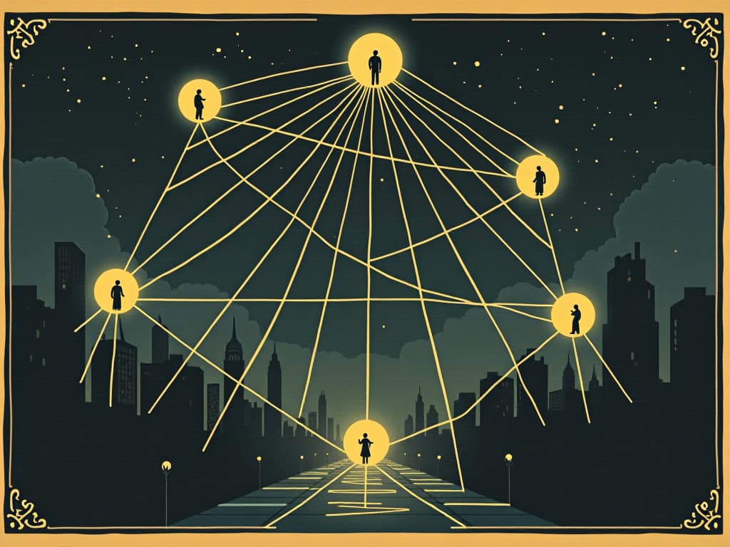  a nighttime cityscape with glowing lines connecting various individuals like a cosmic network, each person illuminated softly, web of light symbols, streets below, divine timing, intricate, interconnected. an illustration in the style of a worn, mystical old tarot trump card, mysterious and elements of surrealism. the colors are muted, somber and eerie, but with contrast bring out an occult and esoteric vibe.