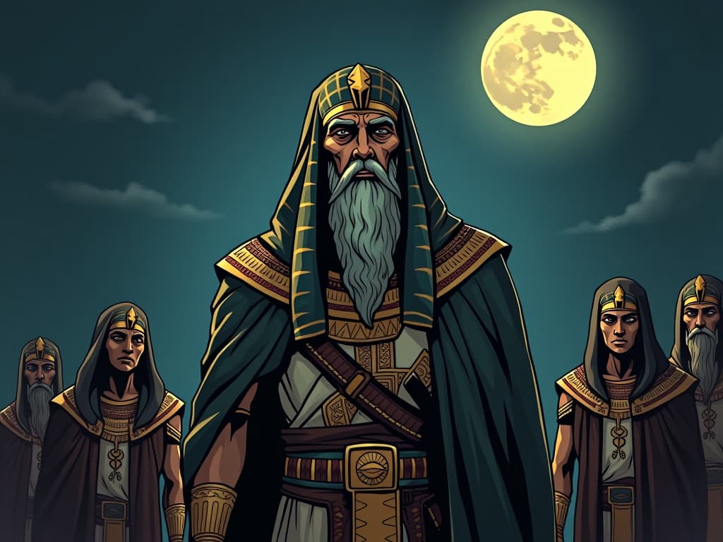  an elderly egyptian mentor overlooking a group of apprentices, night setting with full moon, air of wisdom and meaningful contribution. the style is digital art illustration / modern comic book / mysterious occult, symbolic, esoteric vibe,high detail on character design, incorporating ancient egyptian symbology and attire.