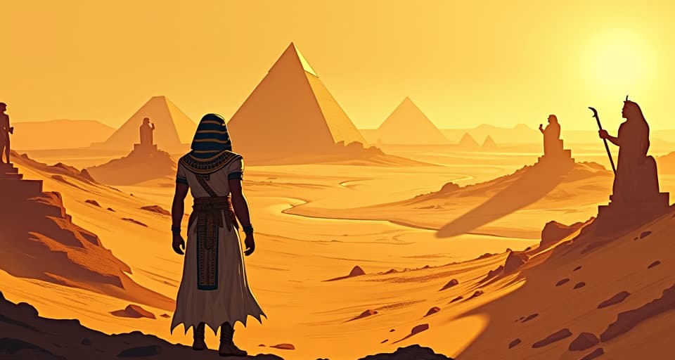  an expansive desert landscape, dotted with ancient egyptian monuments and statues, an explorer in the distance, atmosphere of endless possibilities and exploration. the style is digital art illustration / modern comic book / mysterious occult, symbolic, esoteric vibe,high detail on character design, incorporating ancient egyptian symbology and attire.