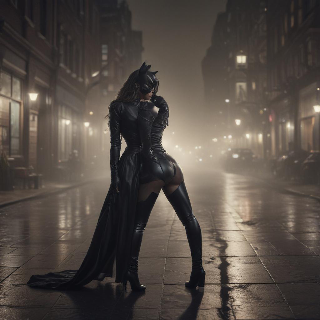 ((masterpiece)),(((best quality))), 8k, high detailed, ultra detailed, Cat Woman kiss, sensual touch, dramatic shadows, urban nightscape, captivating atmosphere hyperrealistic, full body, detailed clothing, highly detailed, cinematic lighting, stunningly beautiful, intricate, sharp focus, f/1. 8, 85mm, (centered image composition), (professionally color graded), ((bright soft diffused light)), volumetric fog, trending on instagram, trending on tumblr, HDR 4K, 8K