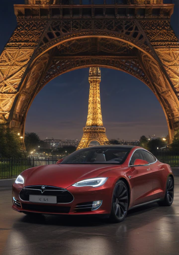 tesla dernière génération en or massif près de la tour Eiffel highly detailed,studio lighting,professional,vivid colors, cinematic lighting, HDR, UHD, 4K, 8k, 64K