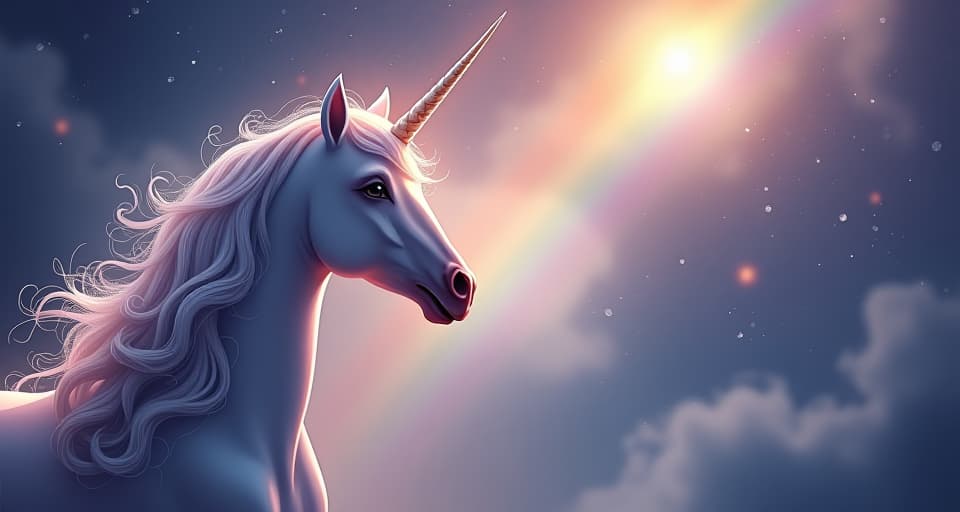  magical creature, a majestic unicorn with gleaming horn, gazing towards a radiant, celestial light, surrounded by shimmering dewdrops, atmosphere of divine love and reverence. the style is digital art illustration,highly detailed, whimsical,magical, dreamlike atmosphere, realism and fantasy blend, smooth, glossy textures,luminous quality, wonder and enchantment.