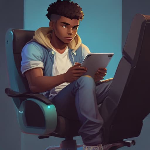 Dark skin anime guy sitting on a gaming chair playing games on a tablet in Cartoon style