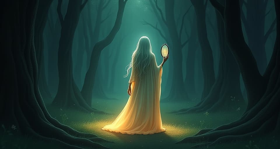  ethereal being in a flowing, glowing robe, standing in a dark forest holding a mirror reflecting another's weaknesses, dark yet magical mood. the style is digital art illustration,highly detailed, whimsical,magical, dreamlike atmosphere, realism and fantasy blend, smooth, glossy textures,luminous quality, wonder and enchantment.