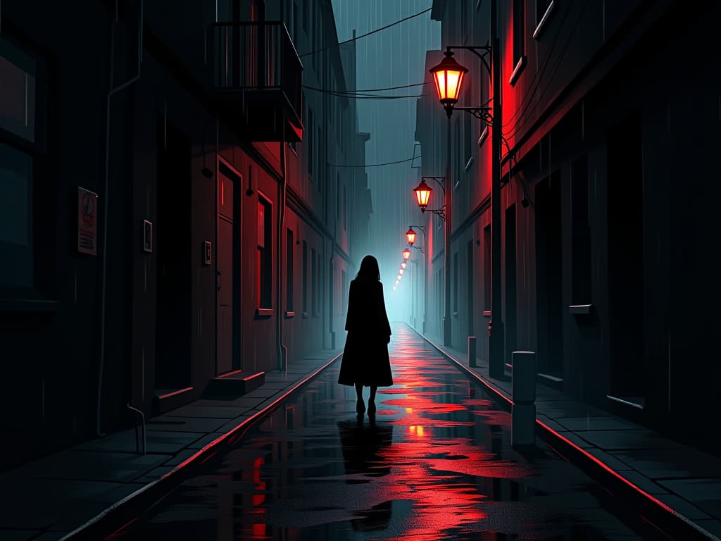  dark alley, gentle rain falling, reflections of street lights, unexpected moments of peace. the style is digital art illustration / modern comic book / graphic dark novel fantasy and mysterious occult, symbolic, moody lighting, esoteric vibe,high detail on character design. for the color scheme emphasize blacks and reds.